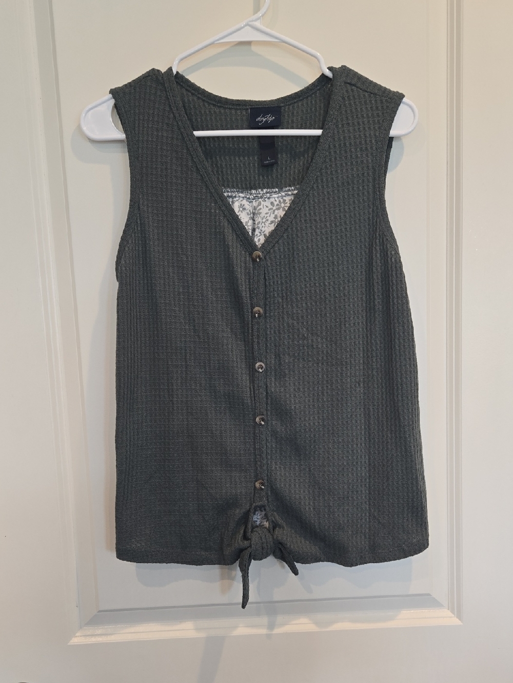 Daytrip Olive Waffle-Knit Button Tank with Front Tie